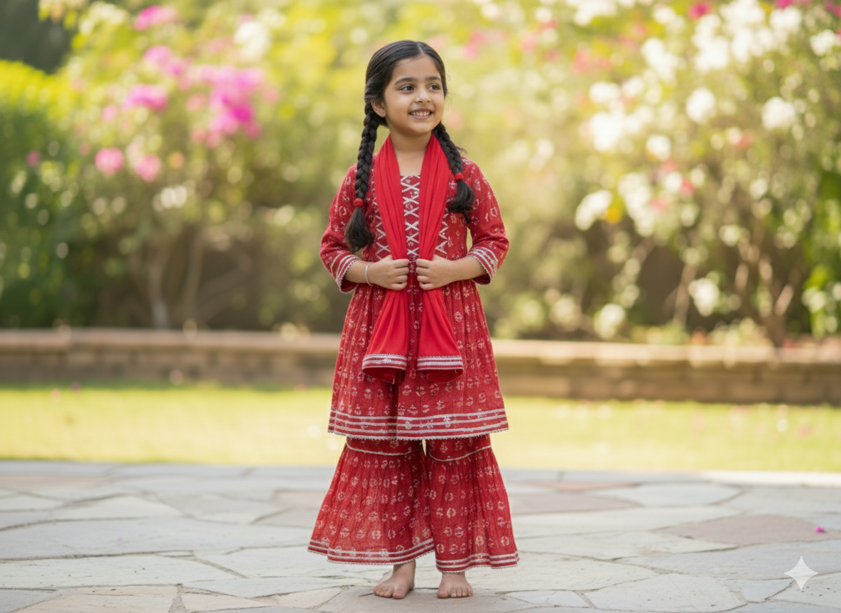 Red Berry Bloom Girls' Cotton Gharara Set