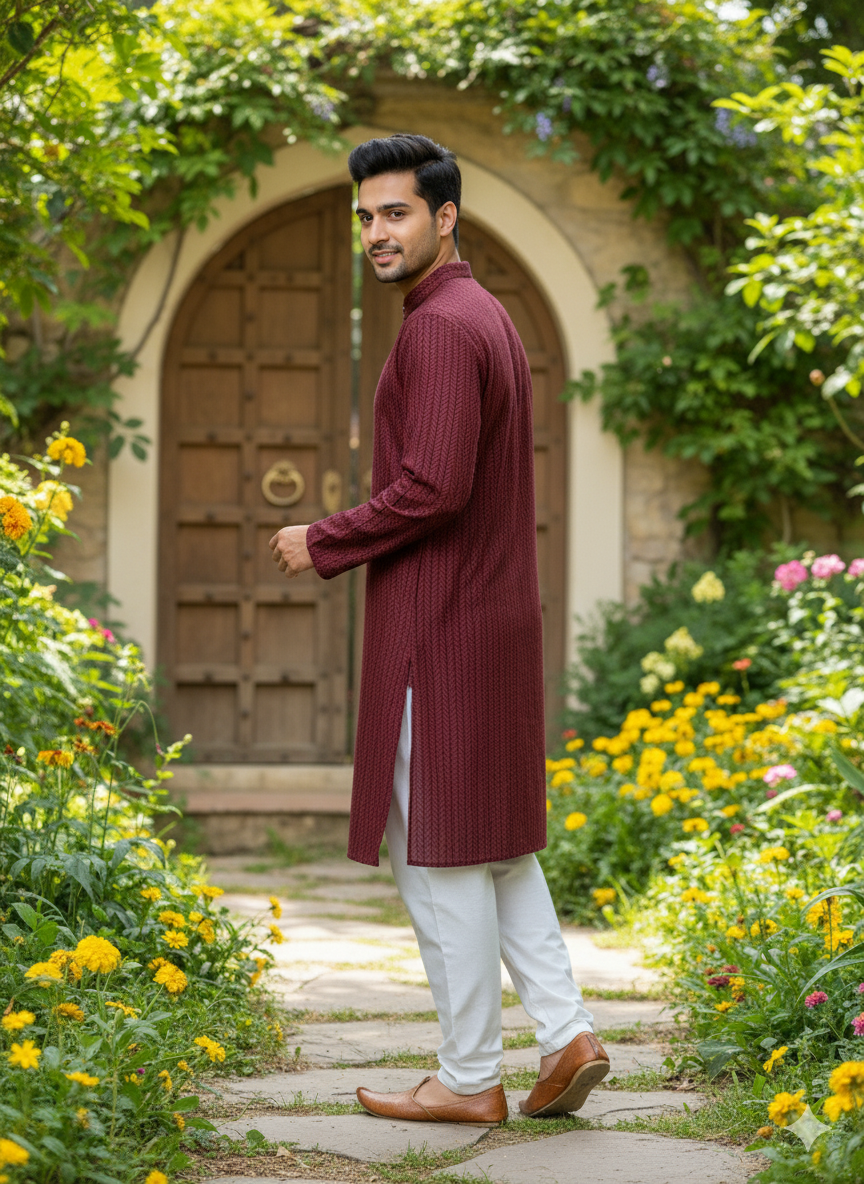 Maroon & Black Striped Boys’ Kurta Pajama Set