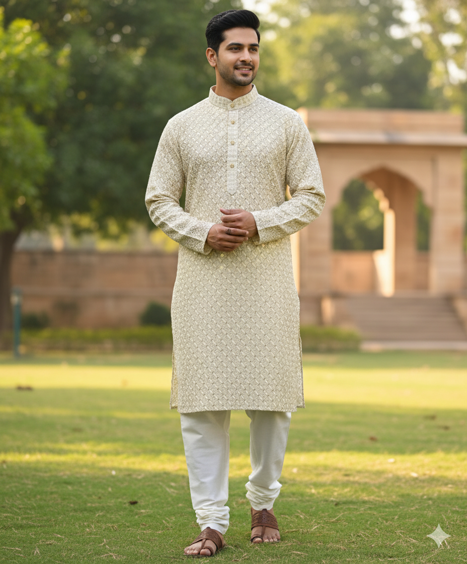 Ivory Weave Tan Kurta Pajama