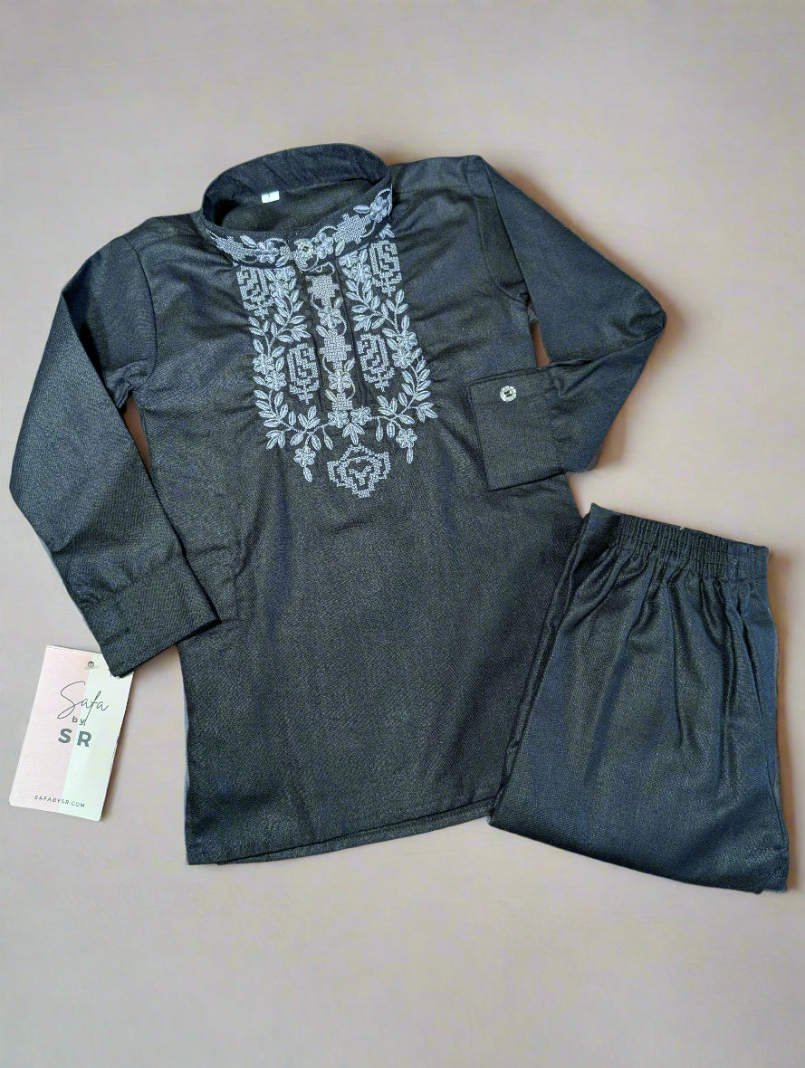 Salt & Pepper Embroidery Black Kurta Pajama Set