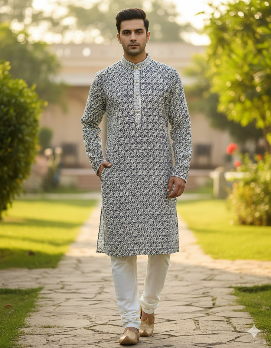Ivory Weave Black Kurta Pajama