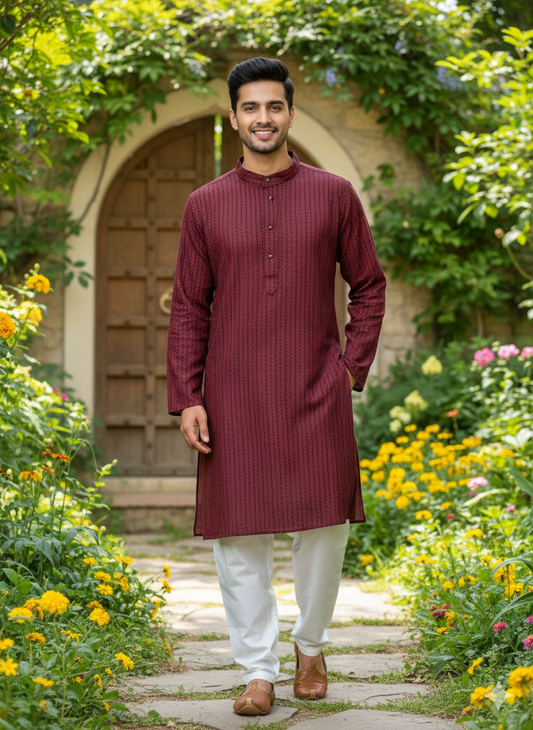 Maroon & Black Striped Boys’ Kurta Pajama Set