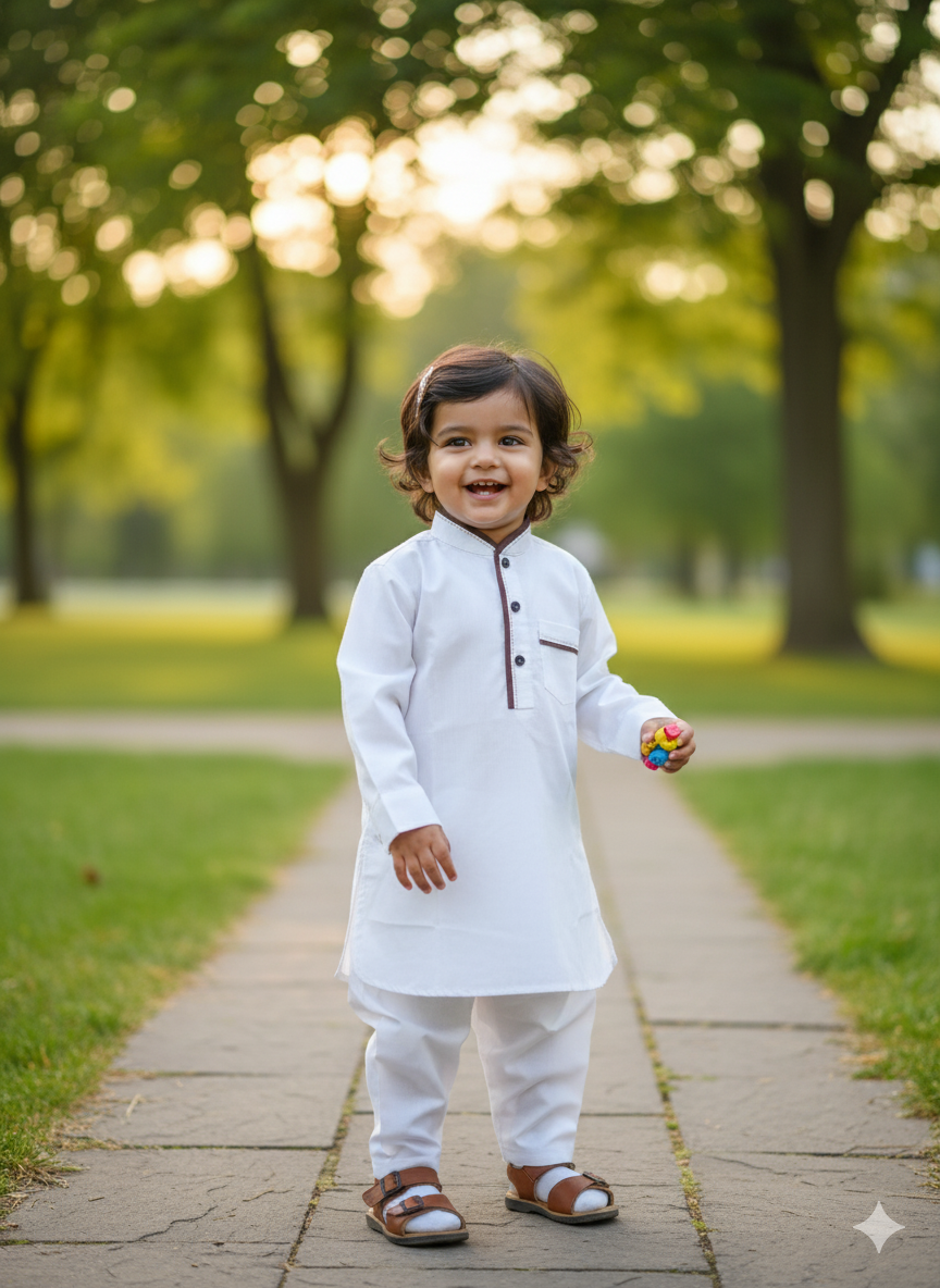 Classic White/Brown Piping Kurta Pajama