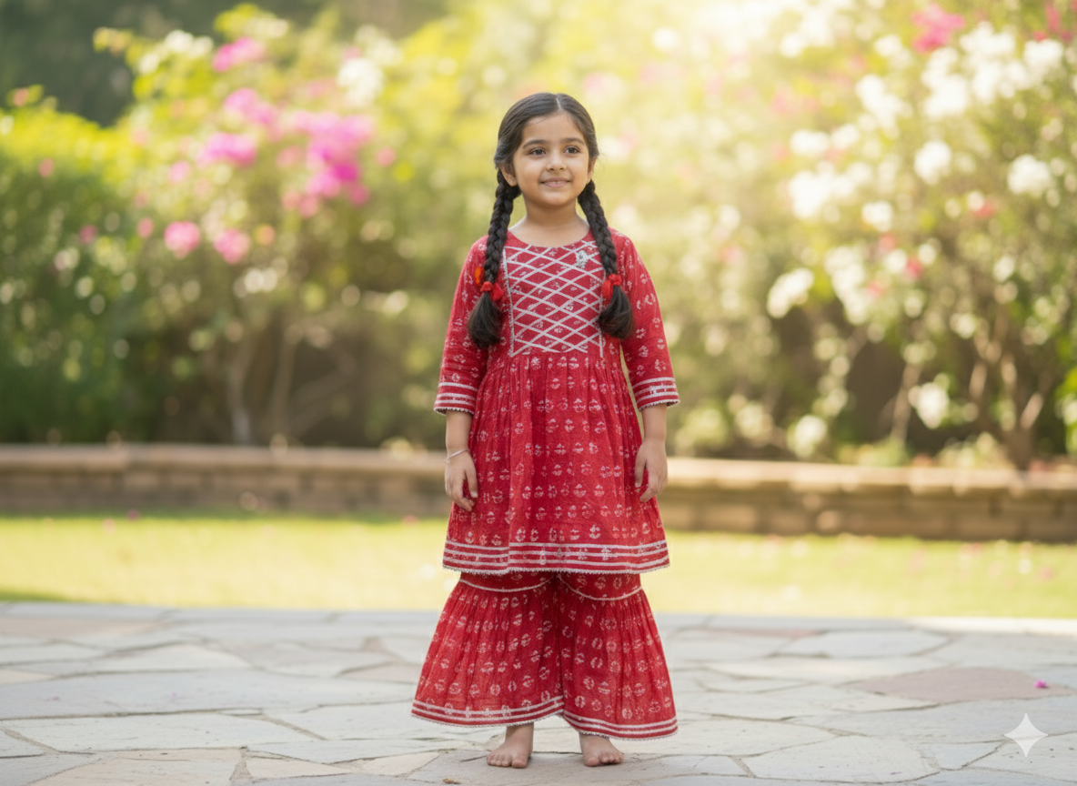 Red Berry Bloom Girls' Cotton Gharara Set