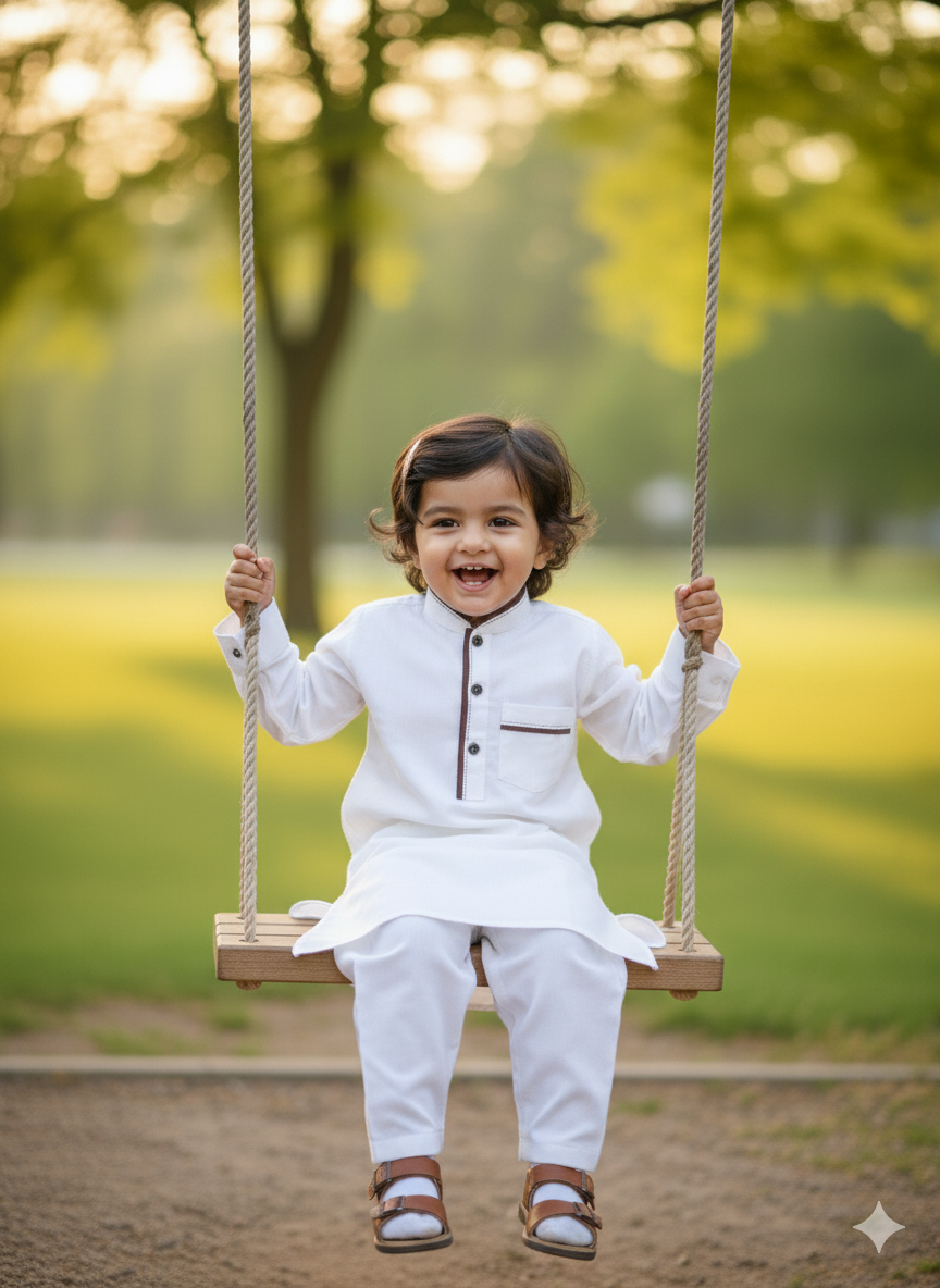 Classic White/Brown Piping Kurta Pajama