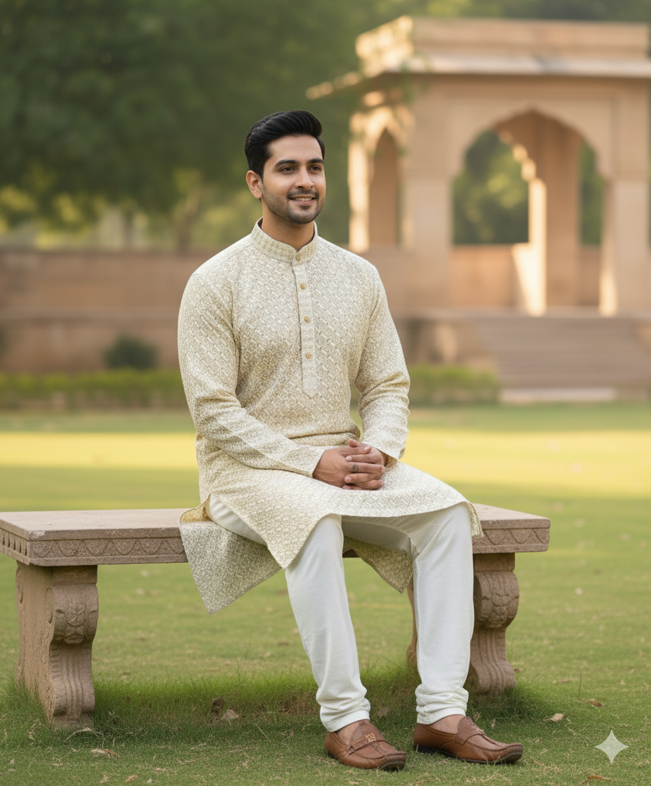 Ivory Weave Tan Kurta Pajama