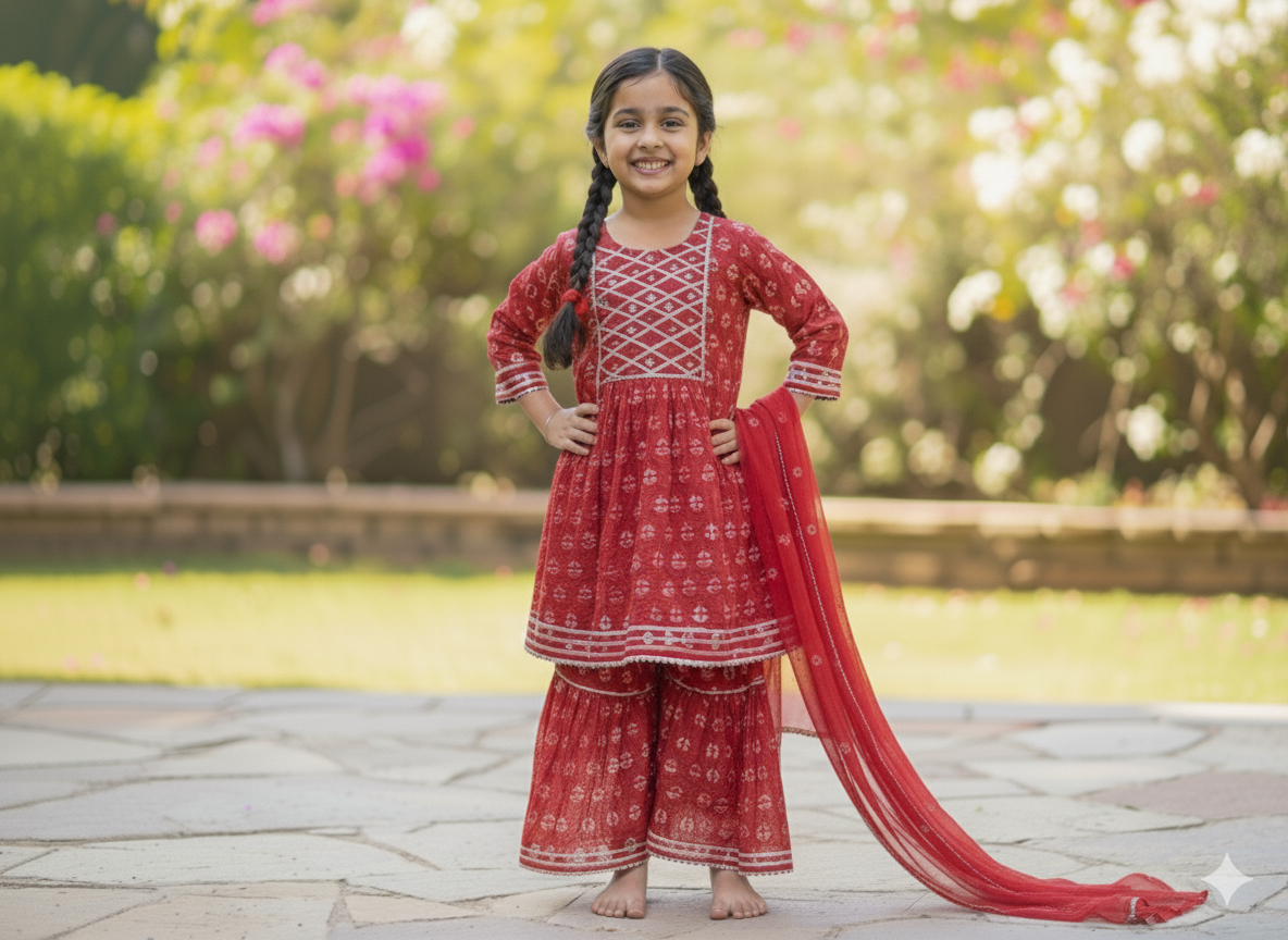 Red Berry Bloom Girls' Cotton Gharara Set