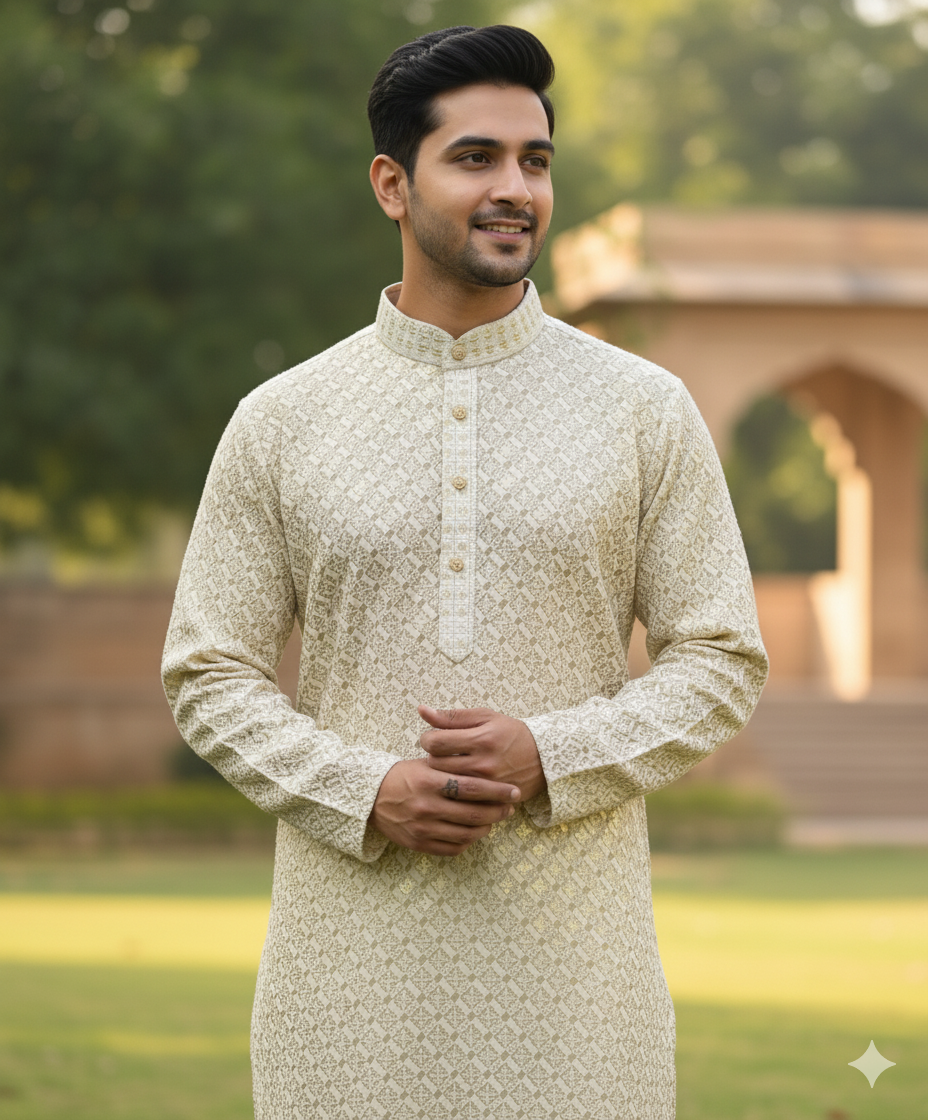 Ivory Weave Tan Kurta Pajama