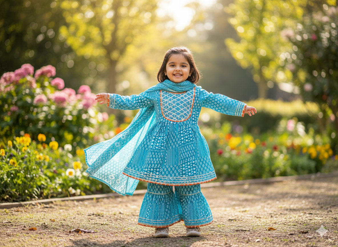 Coral Reef Bloom Girls' Cotton Gharara Set