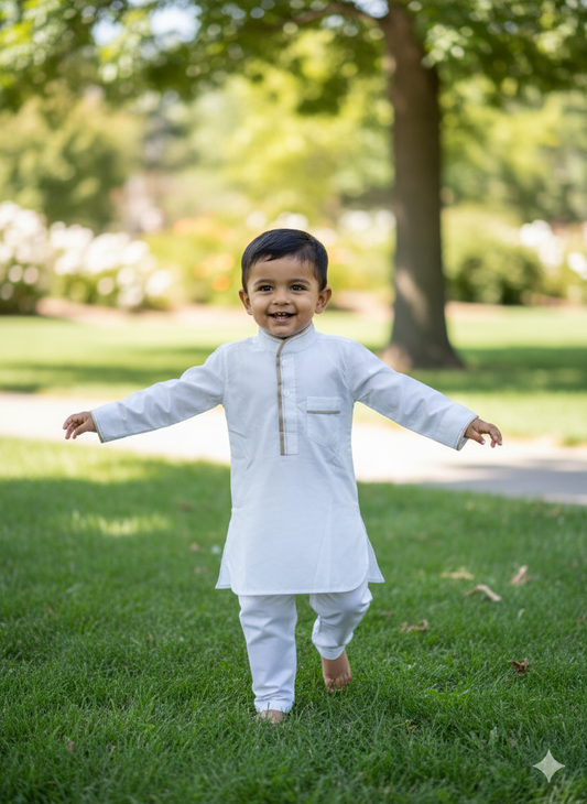 Classic White/Beige Piping Kurta Pajama