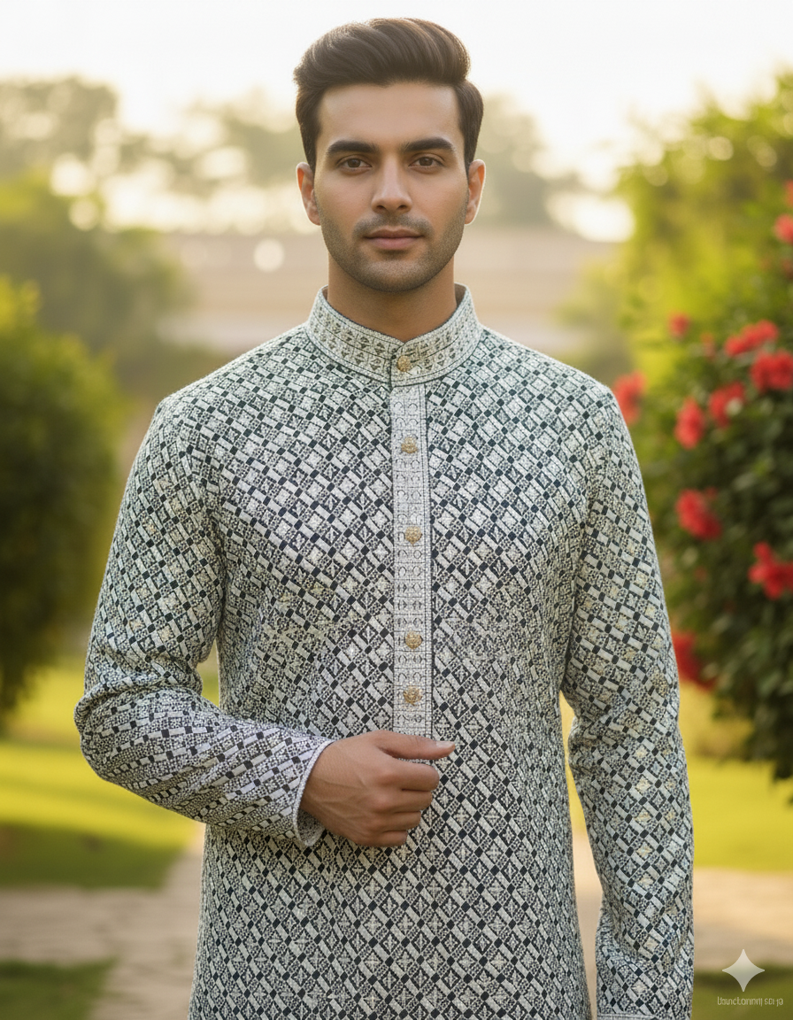 Ivory Weave Black Kurta Pajama