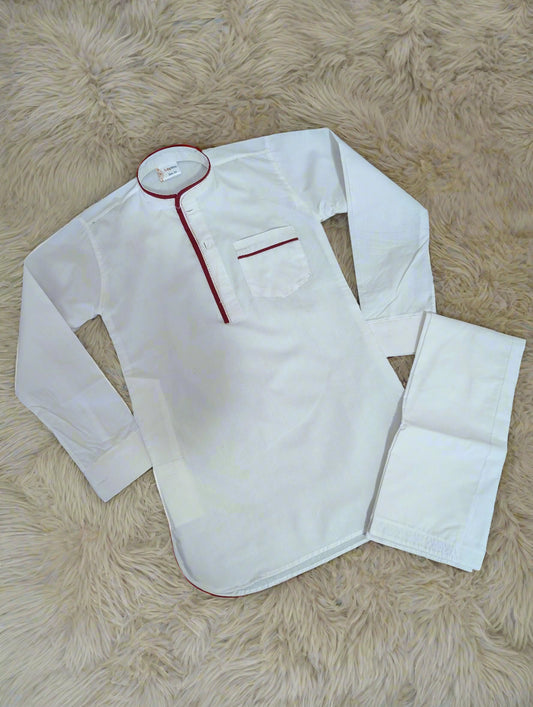 Classic White/Maroon Piping Kurta Pajama