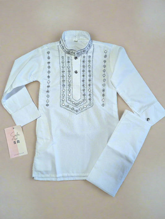 Ivory & Silver Embroidered Boys’ Kurta Pajama Set