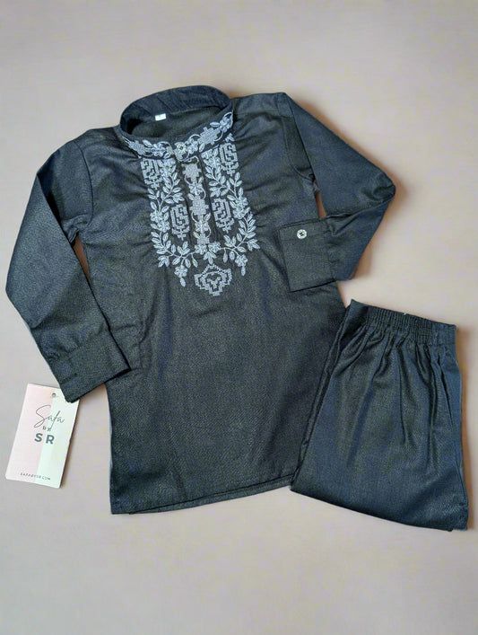 Salt & Pepper Embroidery Black Kurta Pajama Set
