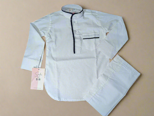 Classic White/Dark Blue Piping Kurta Pajama