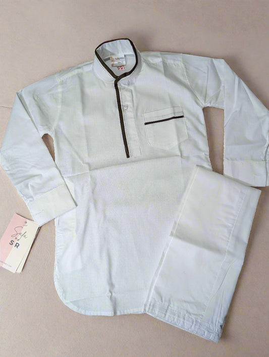Classic White/Brown Piping Kurta Pajama