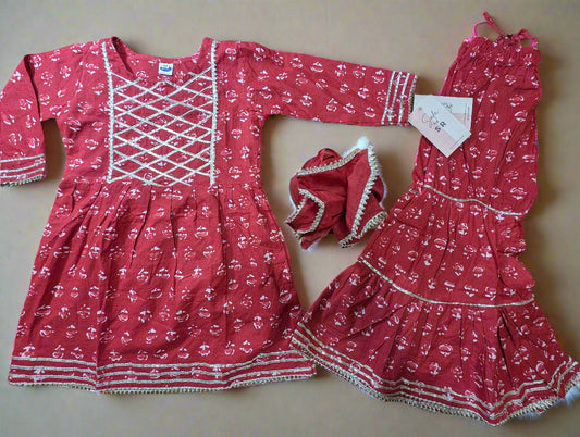 Red Berry Bloom Girls' Cotton Gharara Set
