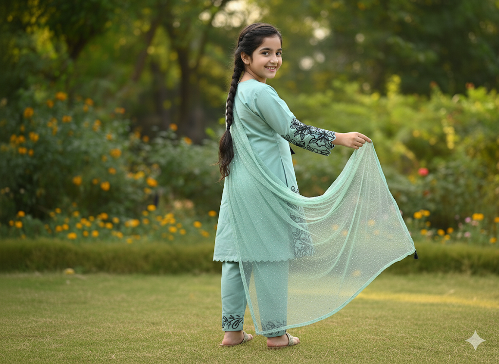 Zarqa Mint Blossom Embroidered Set